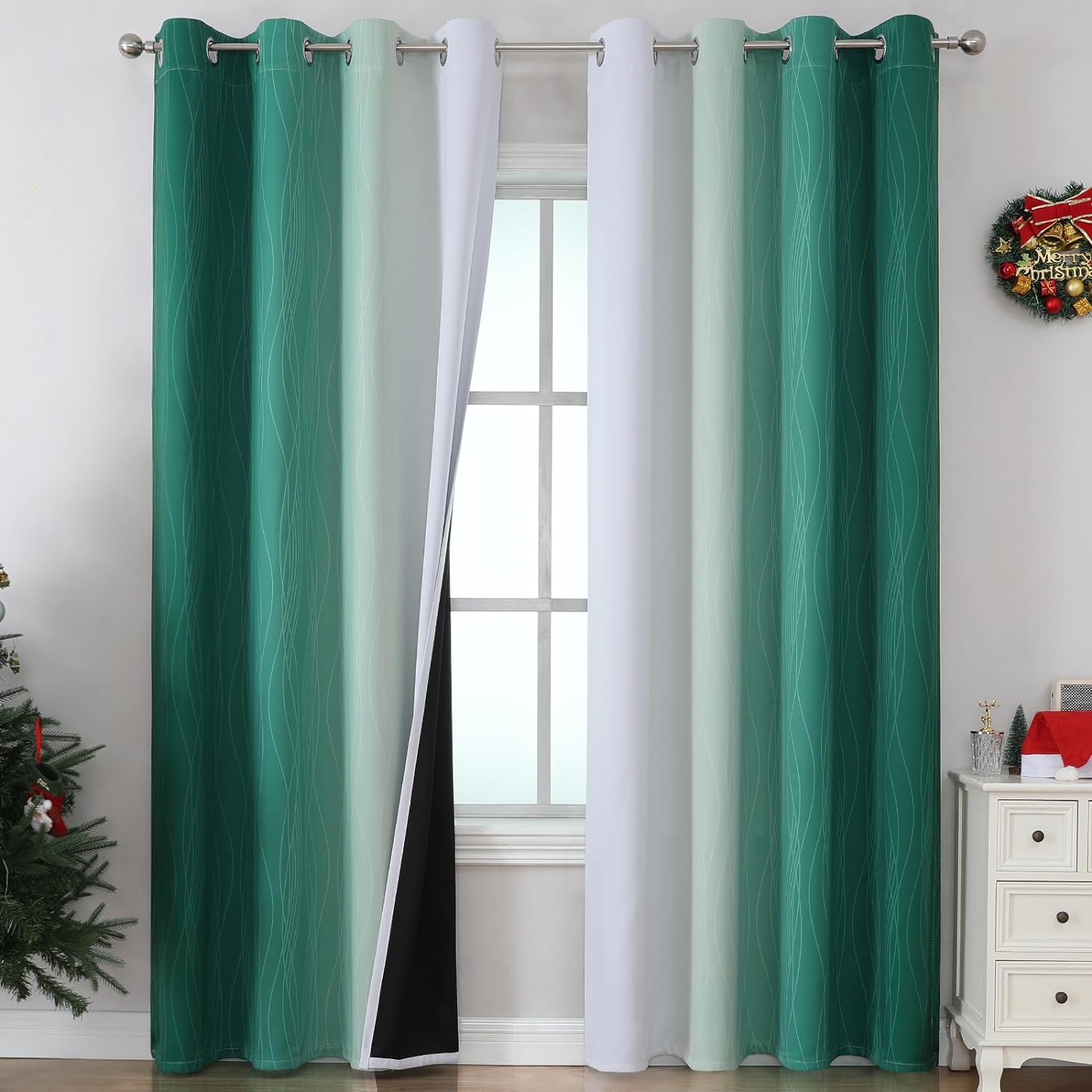 Estelartextiler Estelar Textiler Green and Greyish White Gradient Blackout Curtains 102 Inches Long for Bedroom, Thermal Insulated Full Roo…