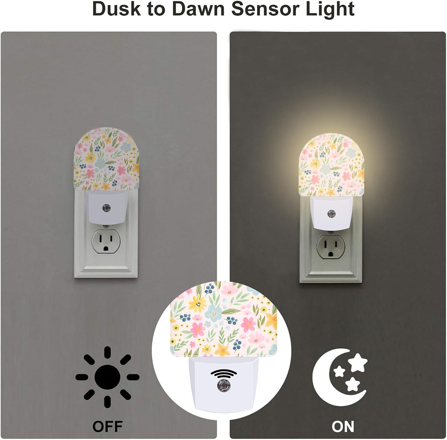 Watercolor Spring Flowers Night Light for Kids, Pink Botanical Leaves Floral Night Light Plug in with Dusk to Dawn Sensor,0.5w Energy…