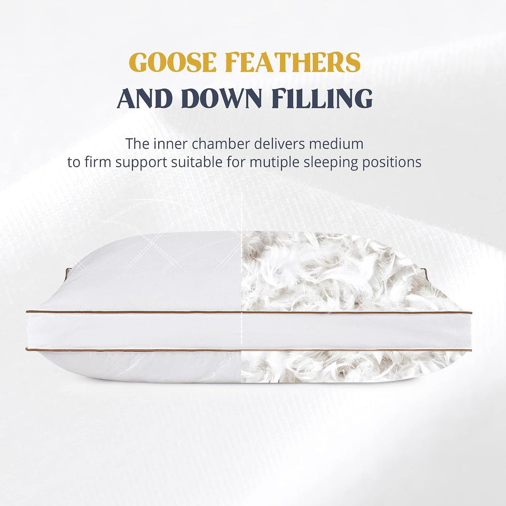 puredown® Goose Feathers and Down Pillow for Sleeping Hotel Collection Bed Pillows, Gusseted, King, Set of 2
