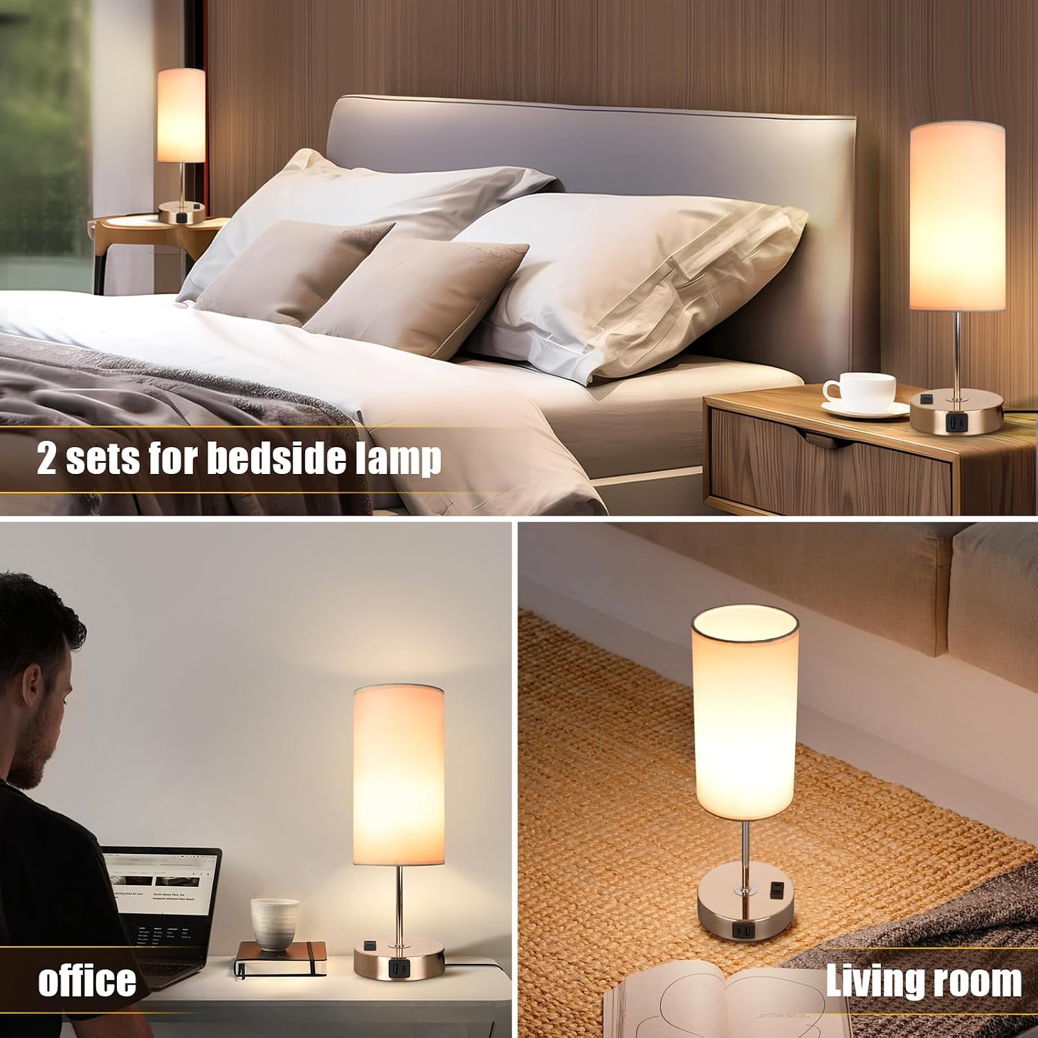 Gold Table Lamp with USB Port - Touch Lamp Desk Lamp, Bedside Lamps for Bedroom, 3 Way Dimmable Small Lamps for Living Room, Dorm, Home…