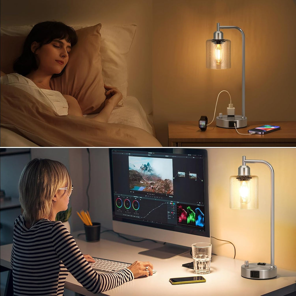 Industrial Table Lamps for Bedrooms Set of 2 - Fully Dimmable Bedside Lamps with USB A and C Ports and Outlet, Nickel Nightstand Lamps…