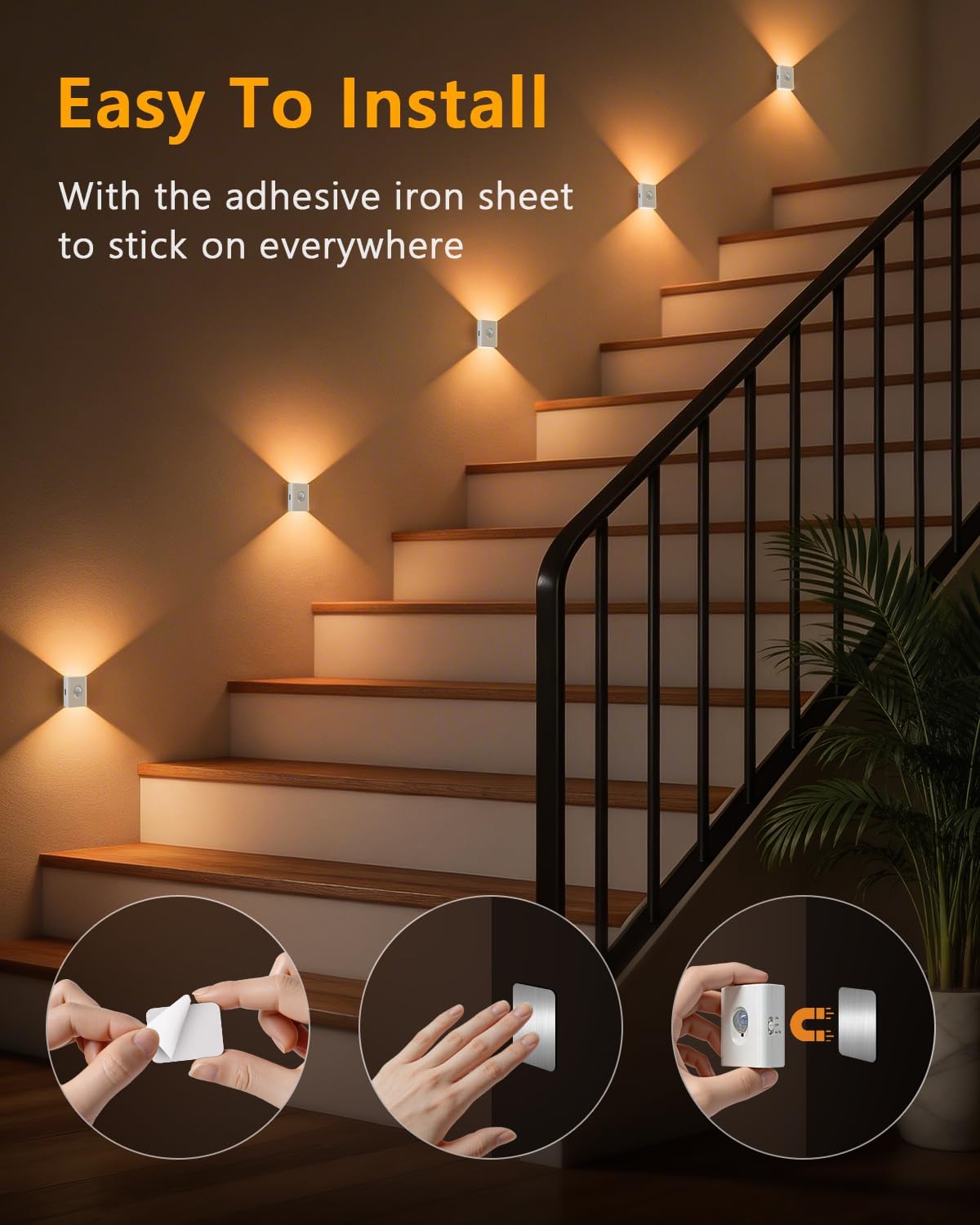 WILLED Rechargeable Motion Sensor Stair Lights Indoor, Warm White Magnetic Stick-on Battery Powered Night Lights for Stairway, Hallway…