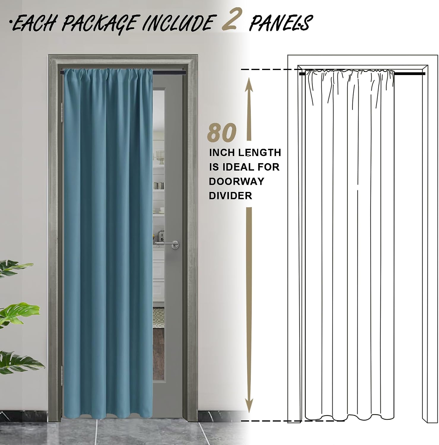 Jiuzhen Blackout Doorway Curtains 80 inch Length - 2 Panels Thermal Insulated Privacy Soundproof Rod Pocket Closet Door Curtains Room Divid…