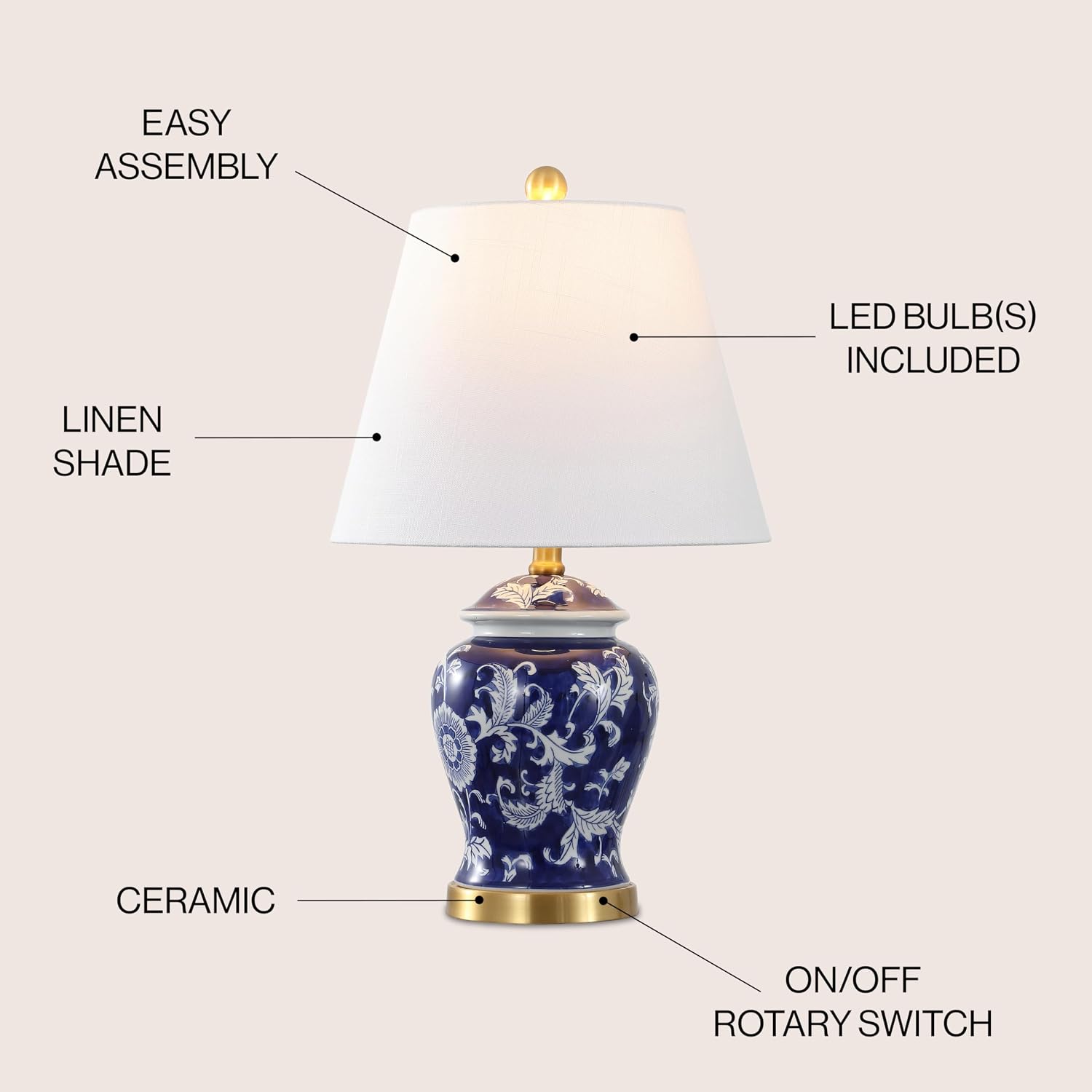 JONATHAN Y 22" Navy/White Ceramic Table Lamp, French Country Chinoiserie Ginger Jar LED Bedside Lamp for Living Room Bedroom, White Linen…