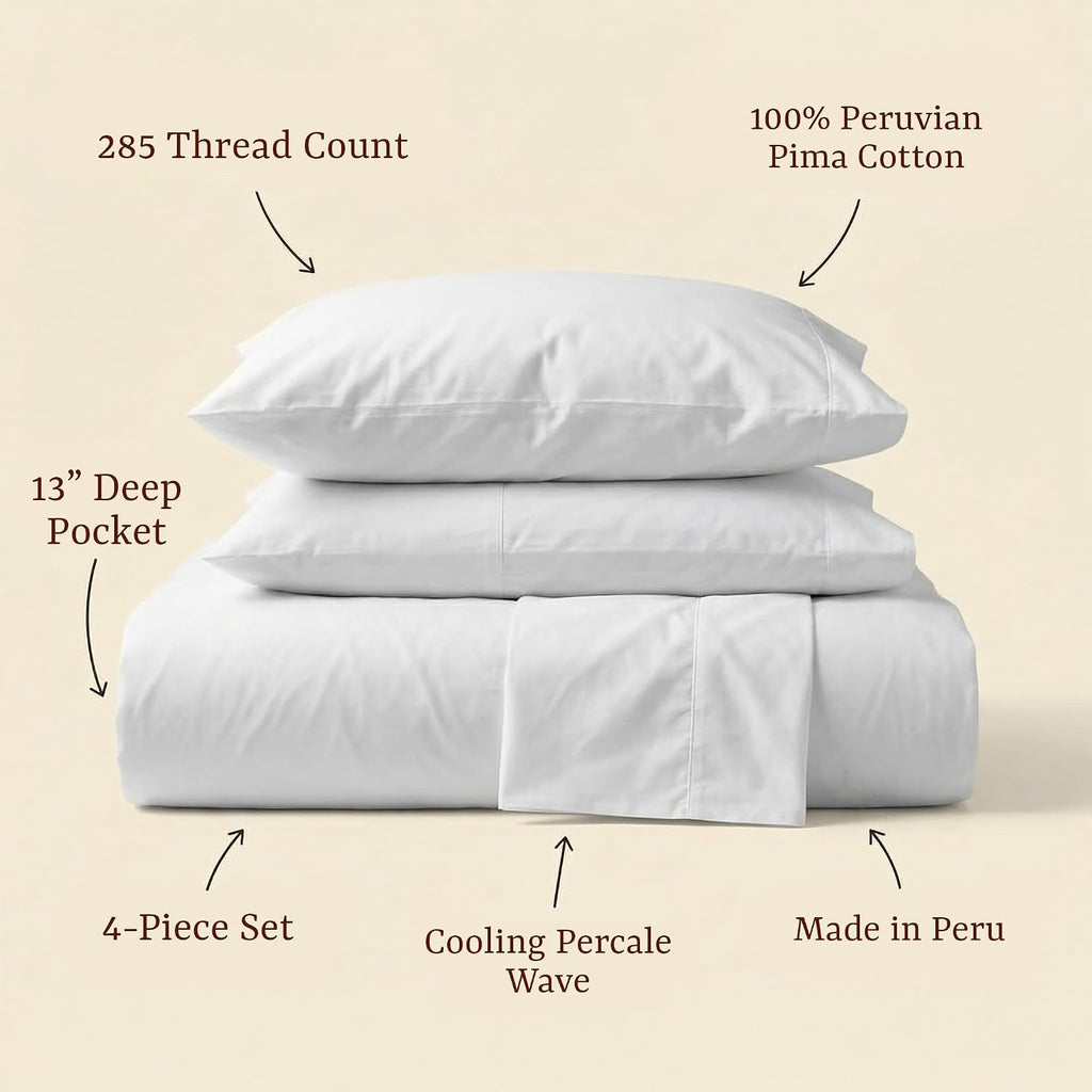 Perupima Peru Pima 285 Thread Count Percale Queen Sheet Set - 100% Peruvian Pima Cotton, 4 Piece (Flat, Fitted, 2 Pillowcases) - Cooling, C…