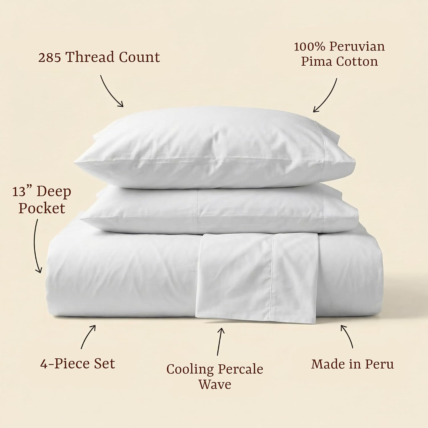 Perupima Peru Pima 285 Thread Count Percale Queen Sheet Set - 100% Peruvian Pima Cotton, 4 Piece (Flat, Fitted, 2 Pillowcases) - Cooling, C…
