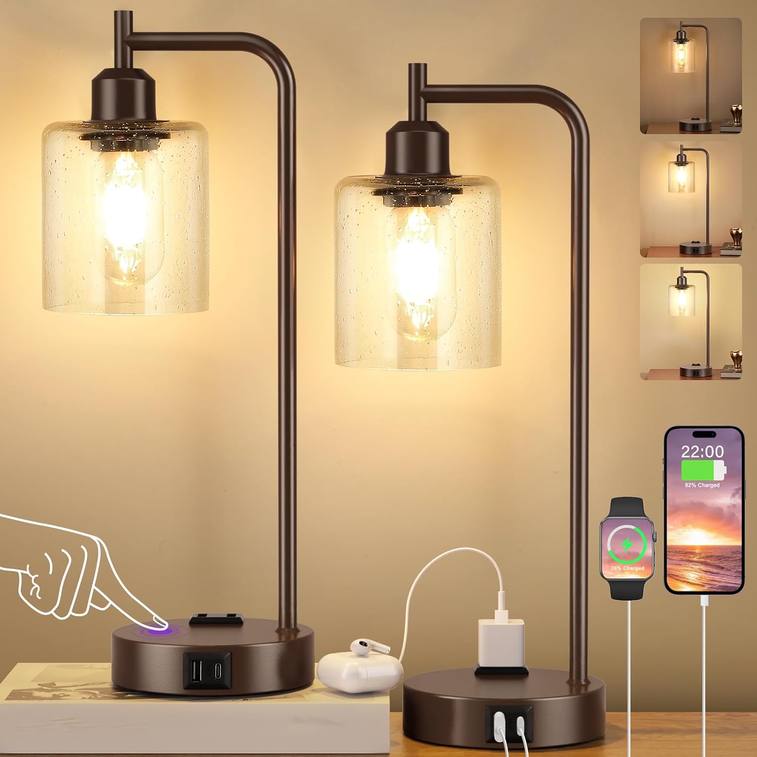 Innqoo Industrial Touch Table Lamps - 3-Way Dimmable Desk Lamps Set of 2 with USB C+A Ports and Outlet, Brown Bedside Lamps with Clear…
