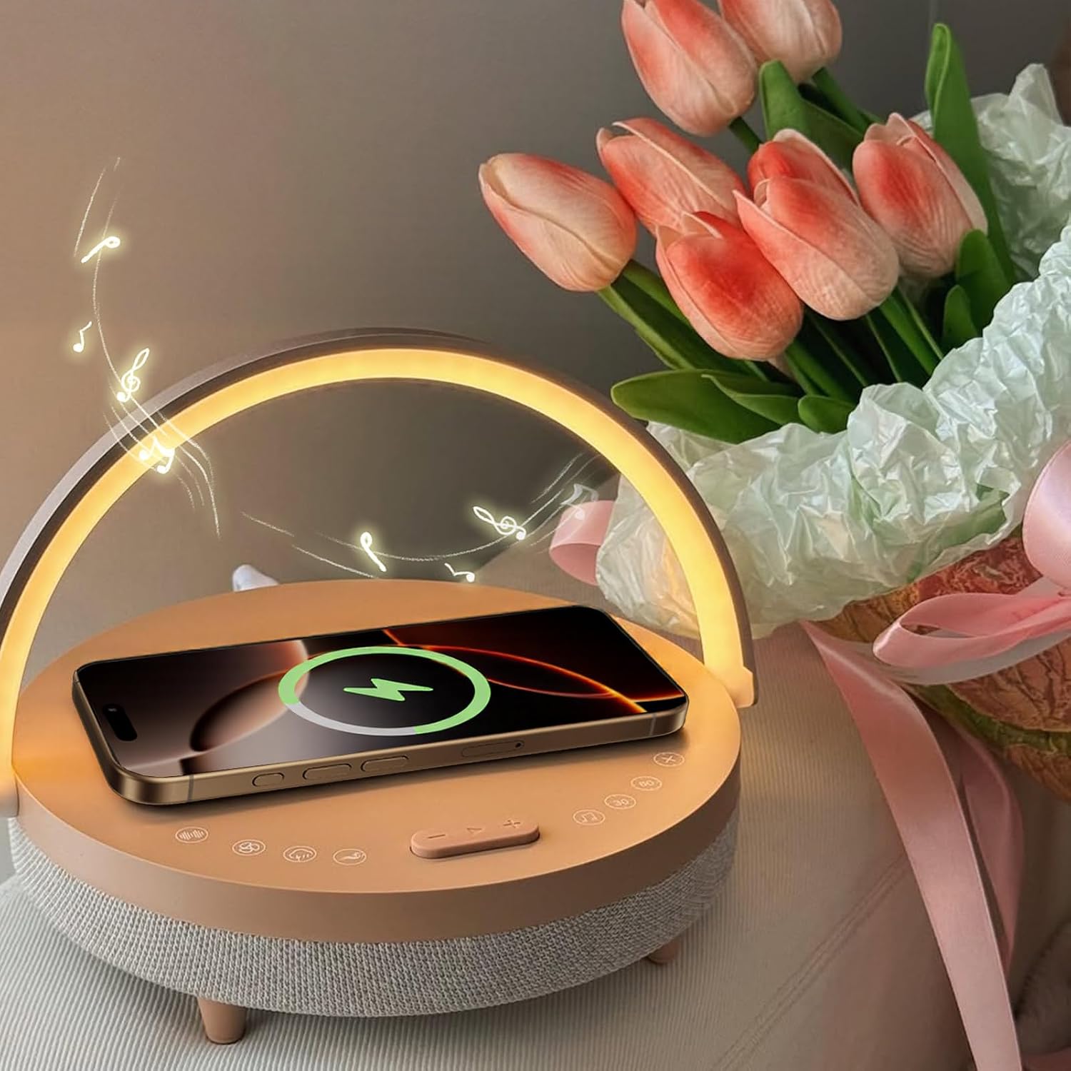 Vivilumens Birthday Gifts for Women 6 in 1 Bedside Lamps with Wireless Charger Bluetooth Speaker White Noise Machine Music Table Lamp…