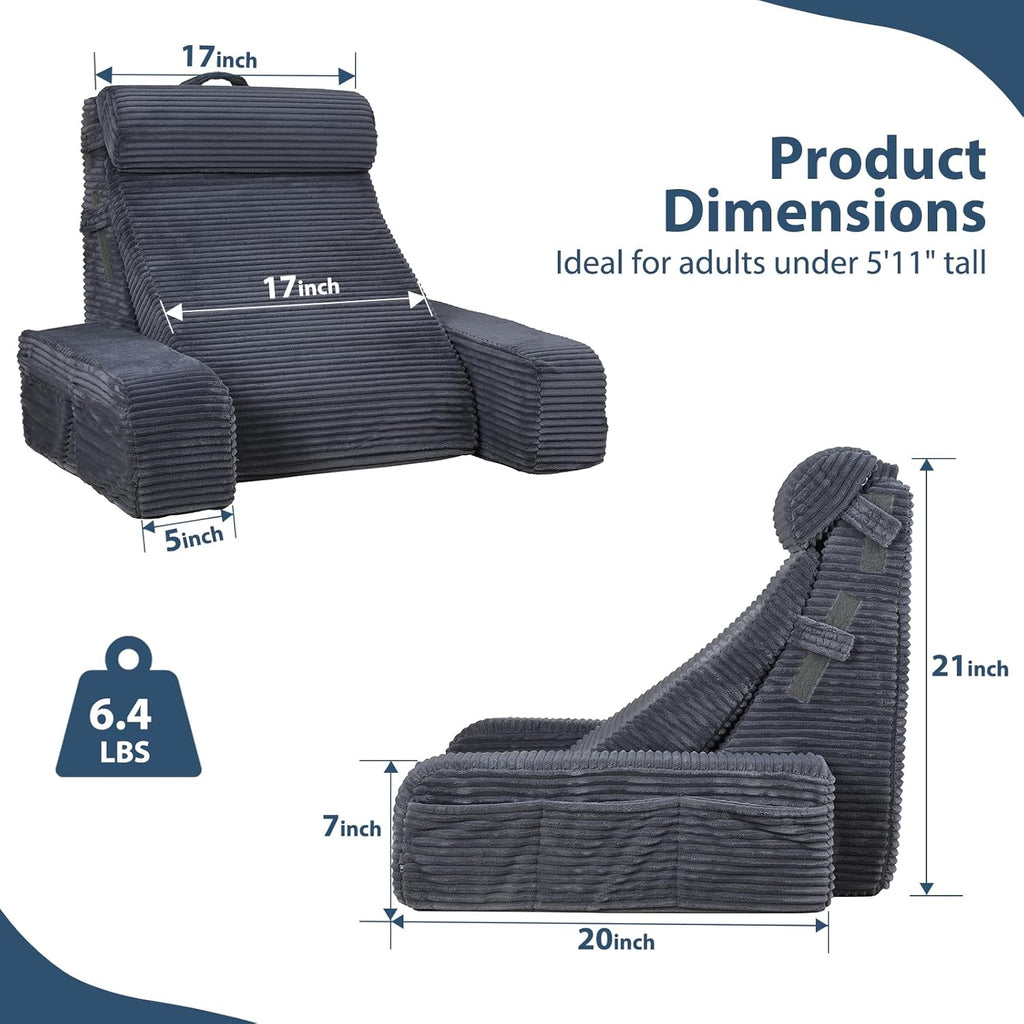 Vekkia Adjustable Reading Pillow & Back Pillow with Backrest – Zoned Multi-Density Foam for Targeted Support, XL Side Pockets – Bed Chair f…