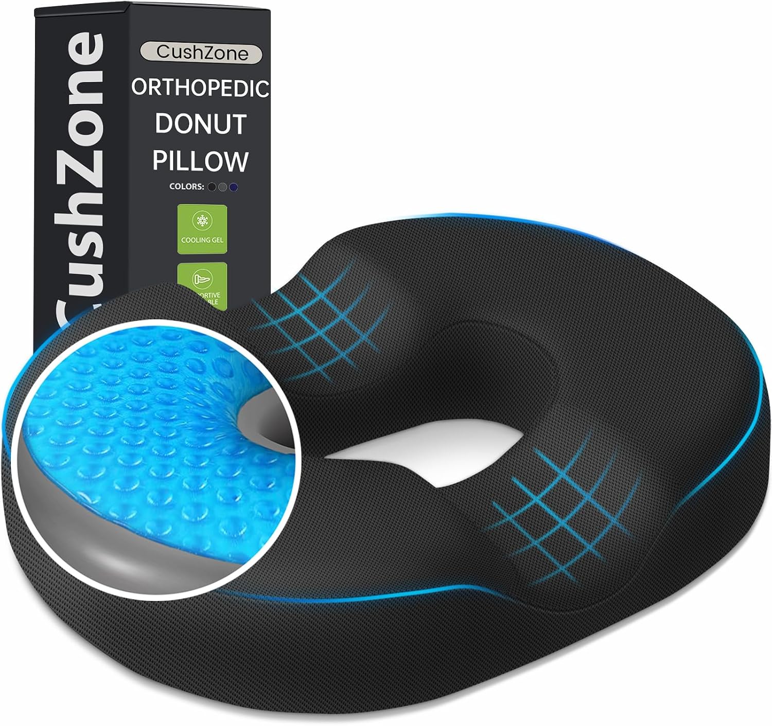 CushZone Donut Pillow Seat Cushion - Cooling Gel Donut Chair Cushions, Memory Foam Seat Cushion for Office & Home, Car Seat Cushion and But…