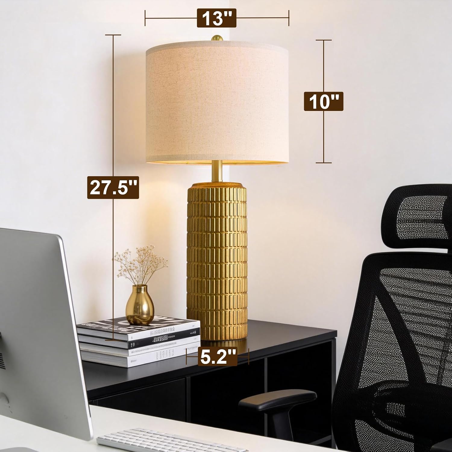 PoKat 27.5'' Tall Brass Gold Table Lamps Set of 2 for Living Room, Modern Table Lamps for Bedroom Night Stands, Retro Ceramic Bedside…