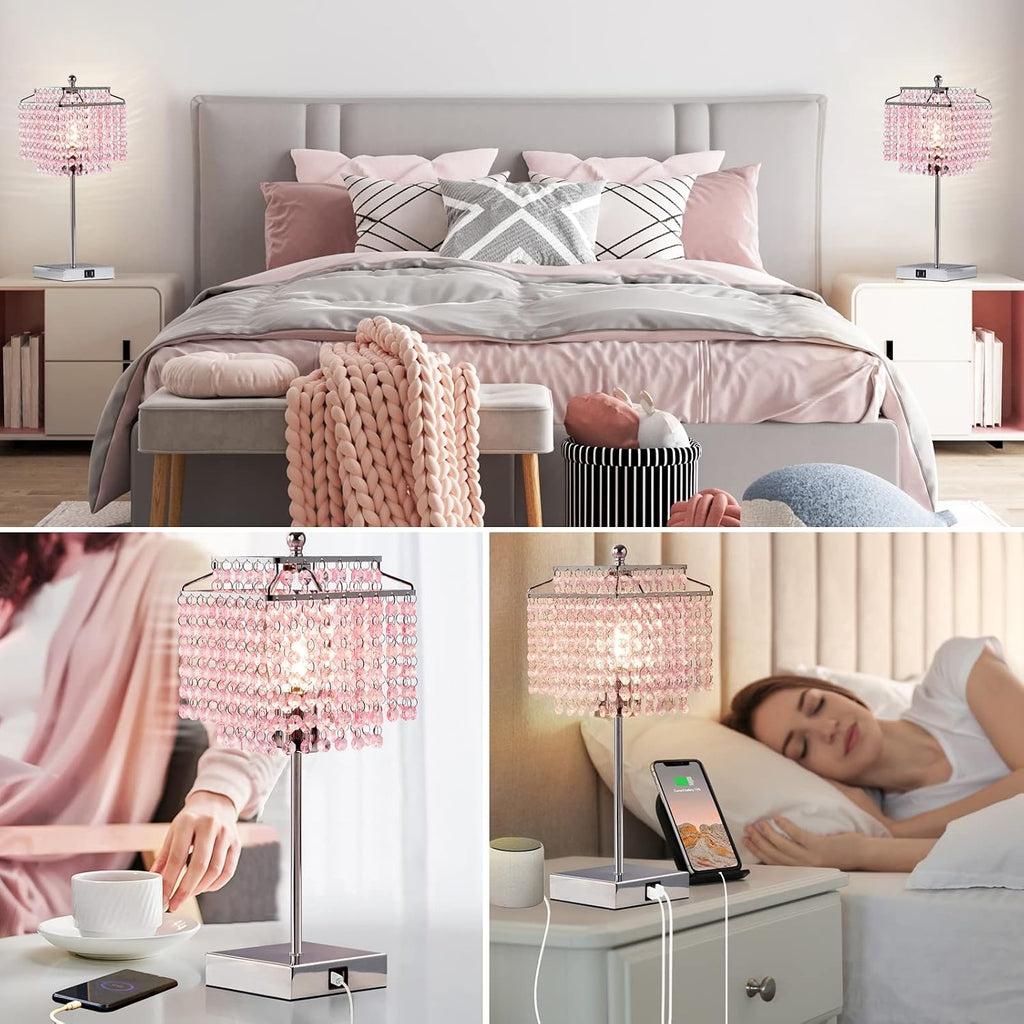 Luvkczc Crystal Touch Table Lamp, Bedside Lamp with USB C+A Ports, Pink Lamp, Dimmable Lamp with Crystal Shade, Nightstand Lamp for Girl…