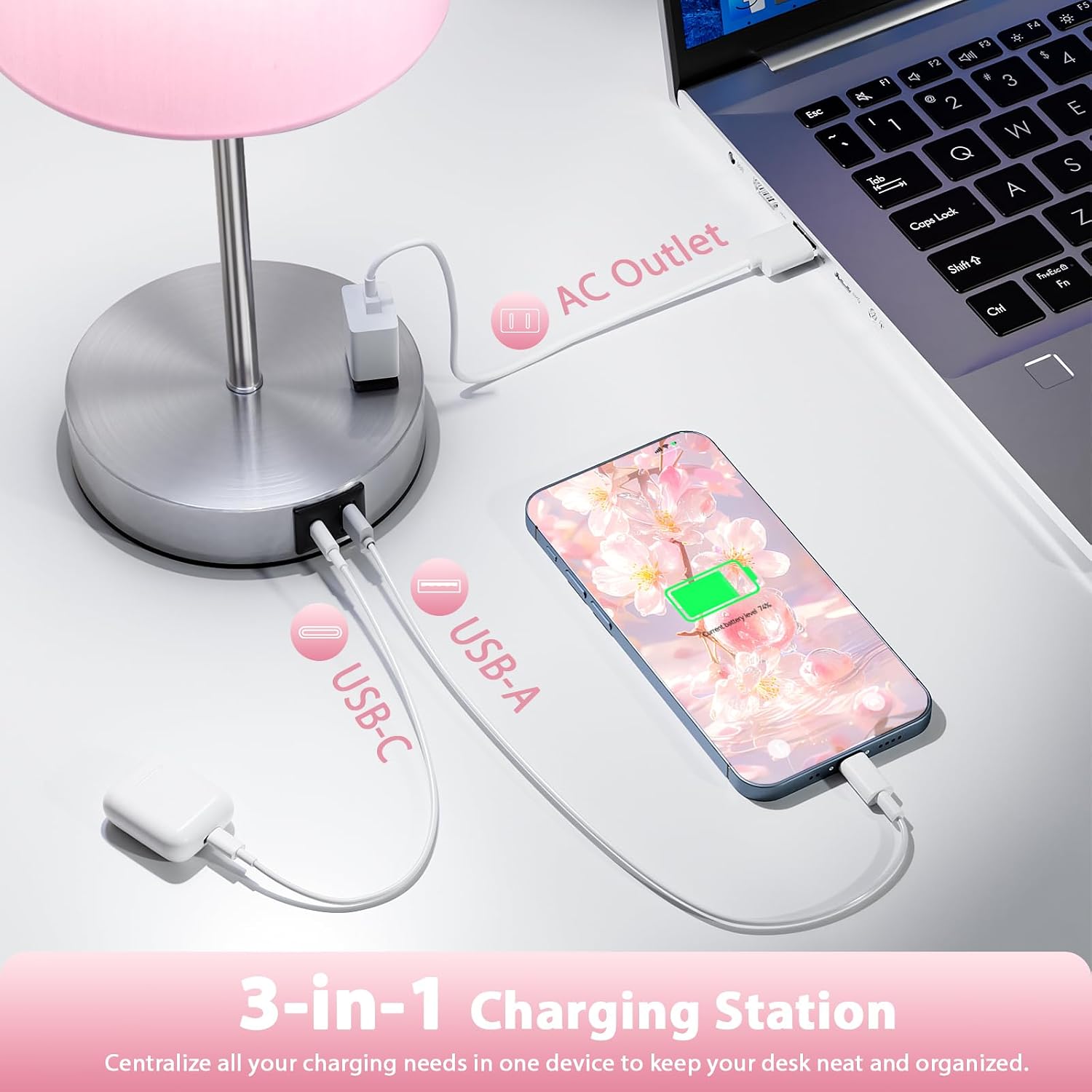 Fenmzeelighting Pink Touch Lamps for Nightstand Set of 2 - Bedside Table Lamp for Bedroom with Dual USB Ports & AC Outlet, 3-Way Dimmable L…