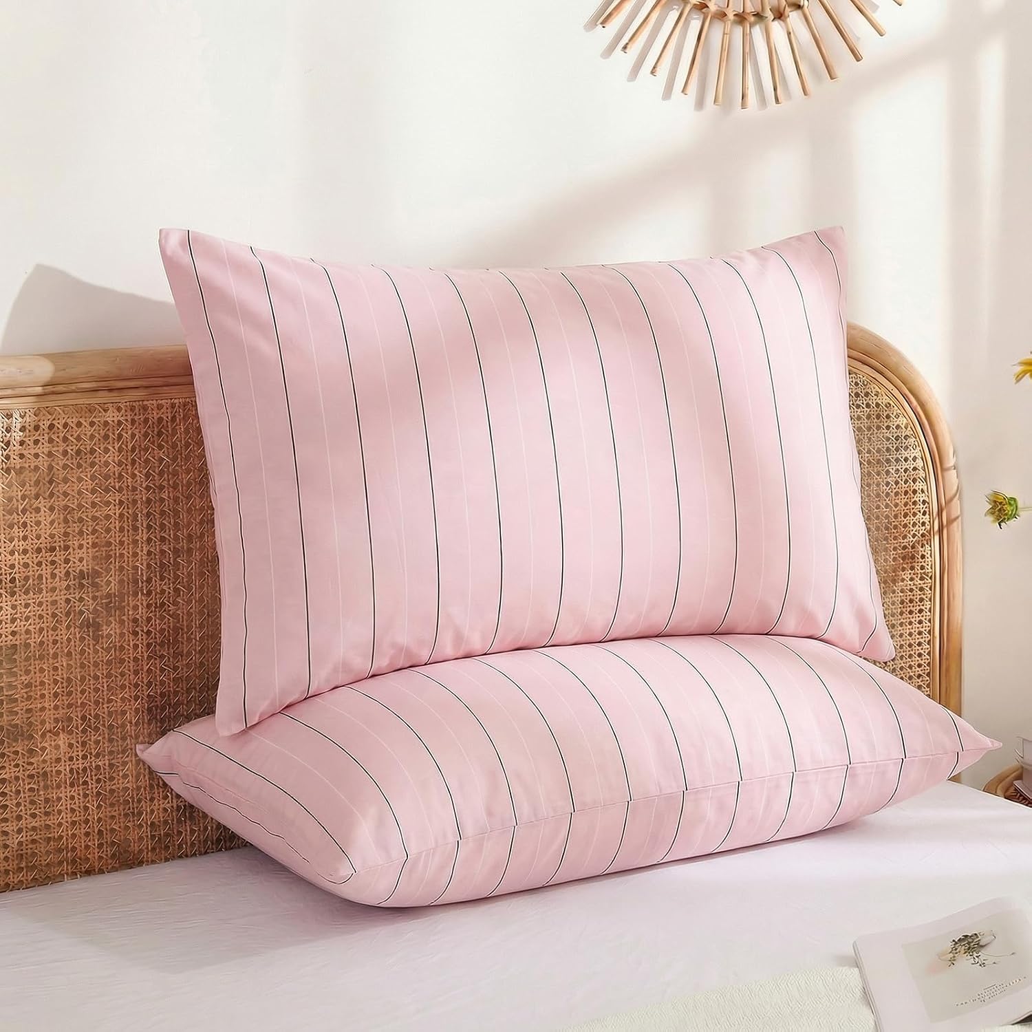 Merryword Pink Striped Pillowcases, 100% Cotton Pillow Cases, King Size Pillowcases, Soft Breathable Pinstripe Pillow Covers, Set of 2 Cott…