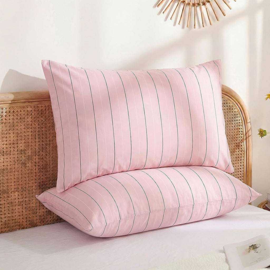 Merryword Pink Striped Pillowcases, 100% Cotton Pillow Cases, Queen Size Pillowcases, Luxury Linen Like Pillowcase, Soft Breathable Pinstri…