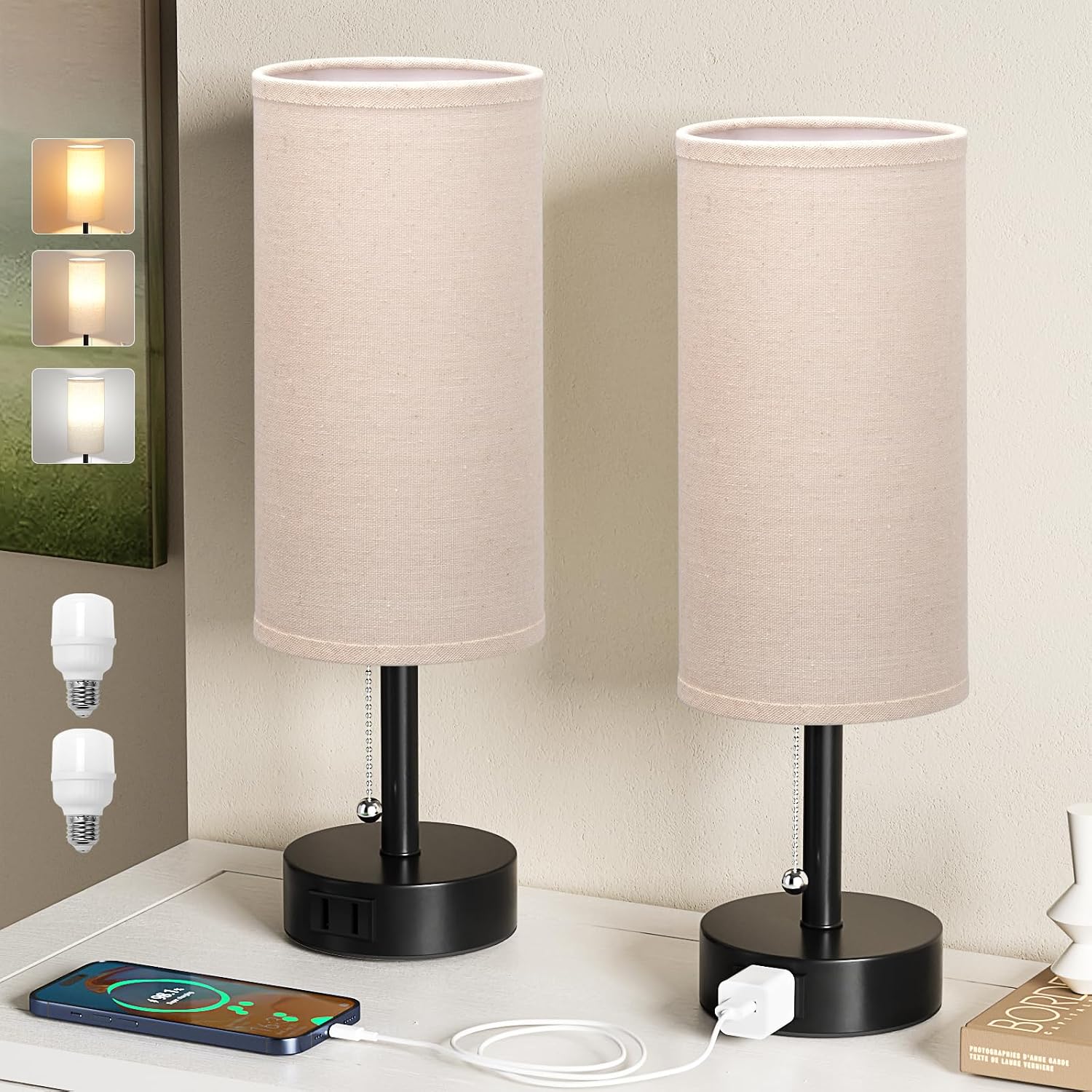 Fenmzee Bedside Table Lamps Set of 2-3 Color Temperatures Pull Chain Lamp with AC Outlet Charging Port, Round Night Stand Lamps for…