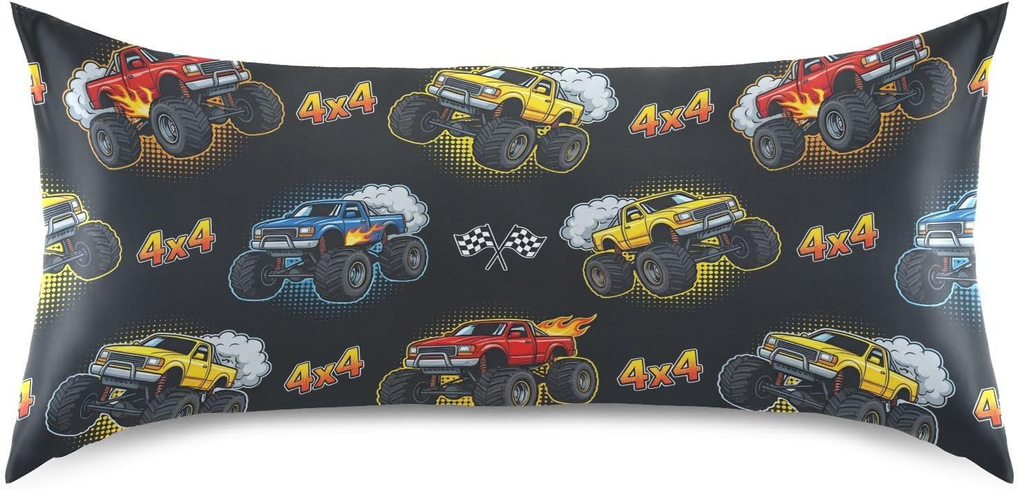 Monster Truck Fire Black Print Pillow Covers Silk Pillowcase for Hair and Skin Soft Breathable Smooth Cooling Satin Pillowcase King Size…