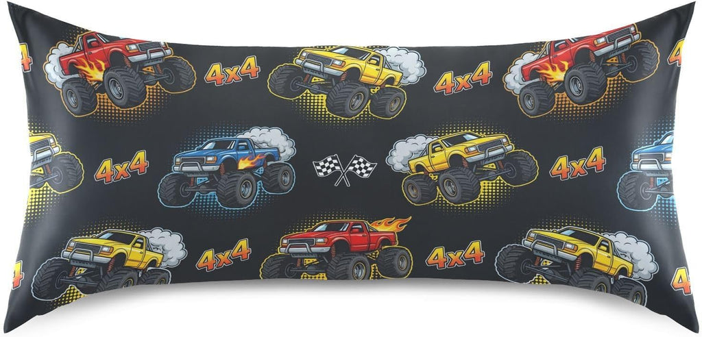 Monster Truck Fire Black Print Pillow Covers Silk Pillowcase for Hair and Skin Soft Breathable Smooth Cooling Satin Pillowcase Queen Size…