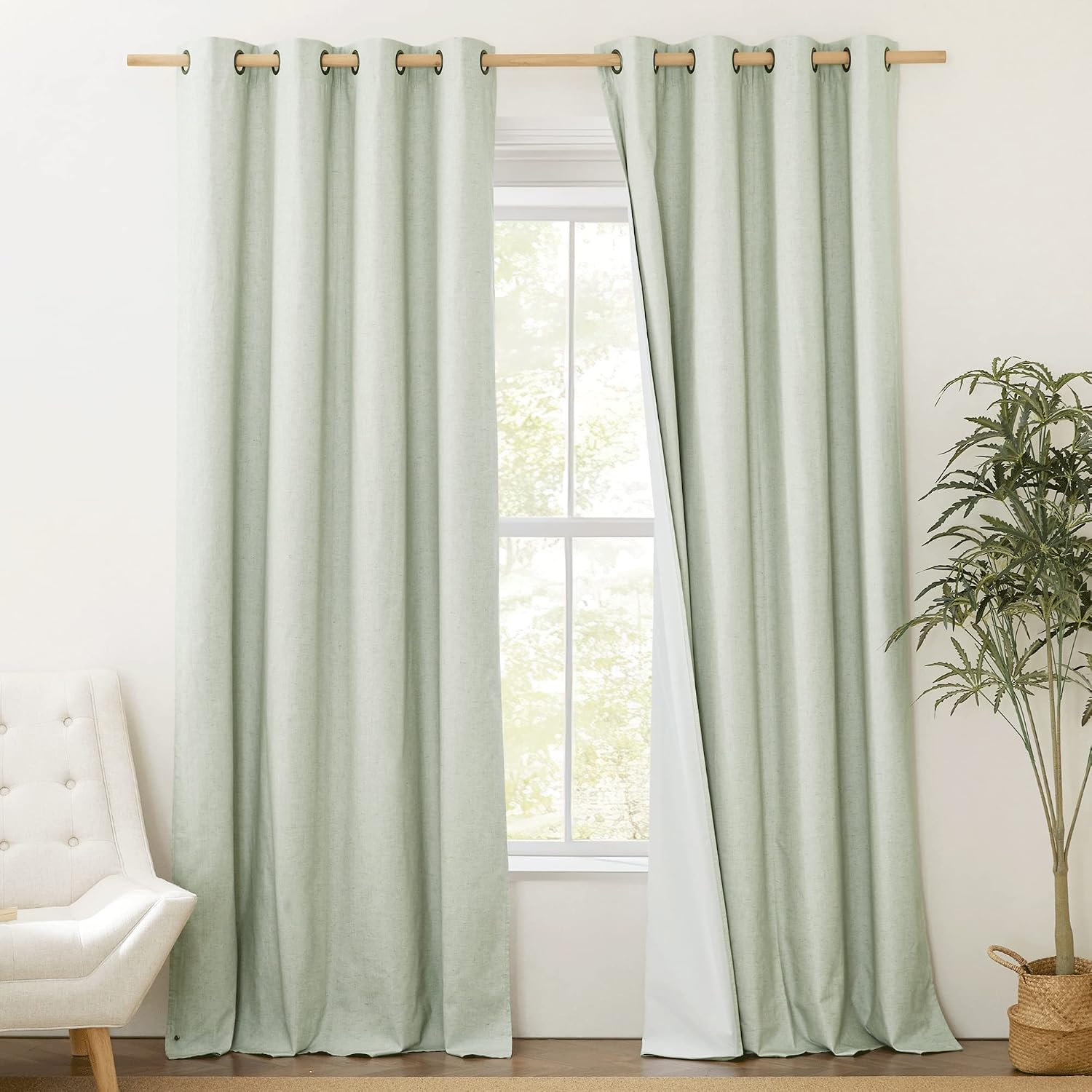 NICETOWN 100% Absolutely Blackout Linen Curtains with Thermal Insulated White Liner, Sage Green, W52, 2 Pieces, Noise Reducing Textured…
