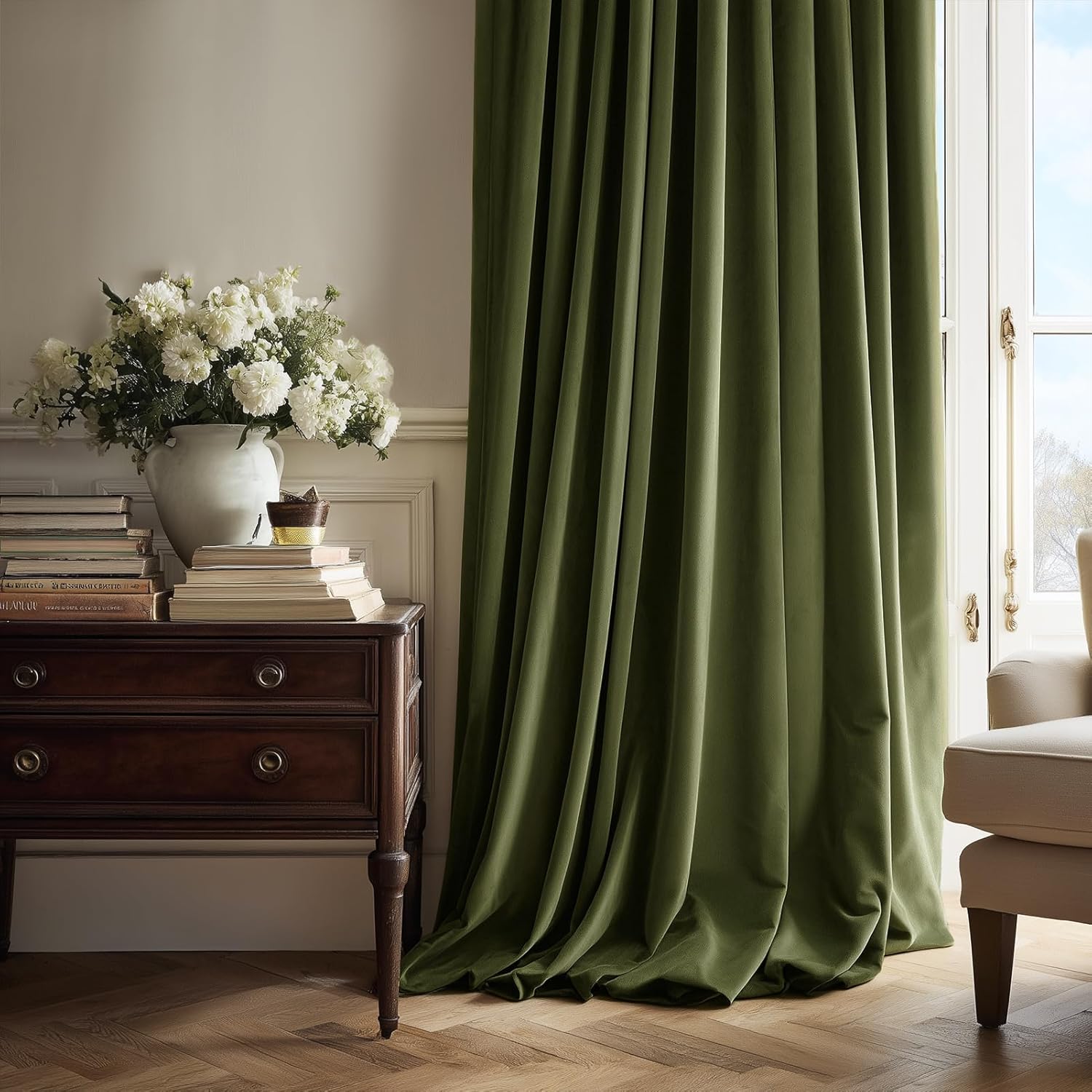 Drapenova 92 Inch Long Olive Green Velvet Blackout Curtains for Bedroom Luxury Moody Soft Velvet Pinch Pleated Drapes with Track Hoo…