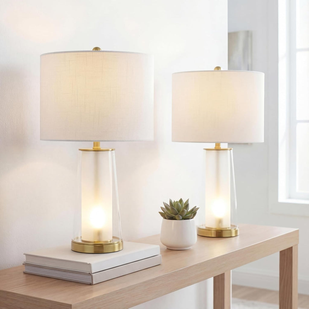 Jonathany JONATHAN Y 26" Clear/Brass Gold Nightlight Table Lamp Set of 2 for Bedroom, Modern Glass Desk Lamps with White Fabric Shade, Farm…