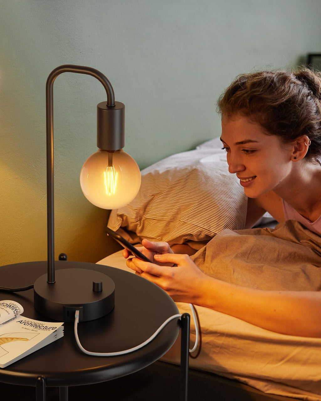 ONEWISH Industrial Table Lamp with 2 USB Port, Fully Dimmable Nightstand Bedside Lamps for Bedroom, Desk Lamps with 2700K Black Gradient…