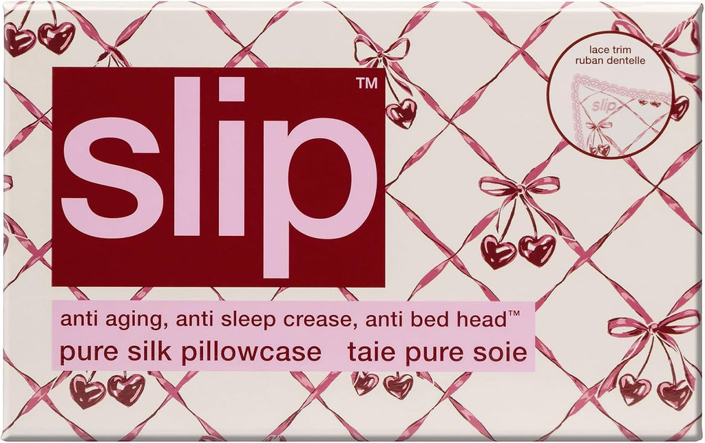 slip Queen Silk Pillowcase – Sweet Cherry Limited Edition with Lace Trim – 100% Pure Mulberry SlipsilkTM – Anti-Frizz, Anti-Crease…
