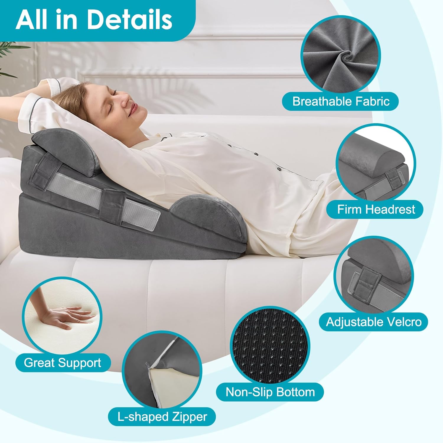 Wgakced 4Pcs Wedge Pillow Set for After Surgery, Acid Reflux Relief, Adjustable Bed Wedge Pillows for Sleeping, Anti Snore, Memory Foam Trian…