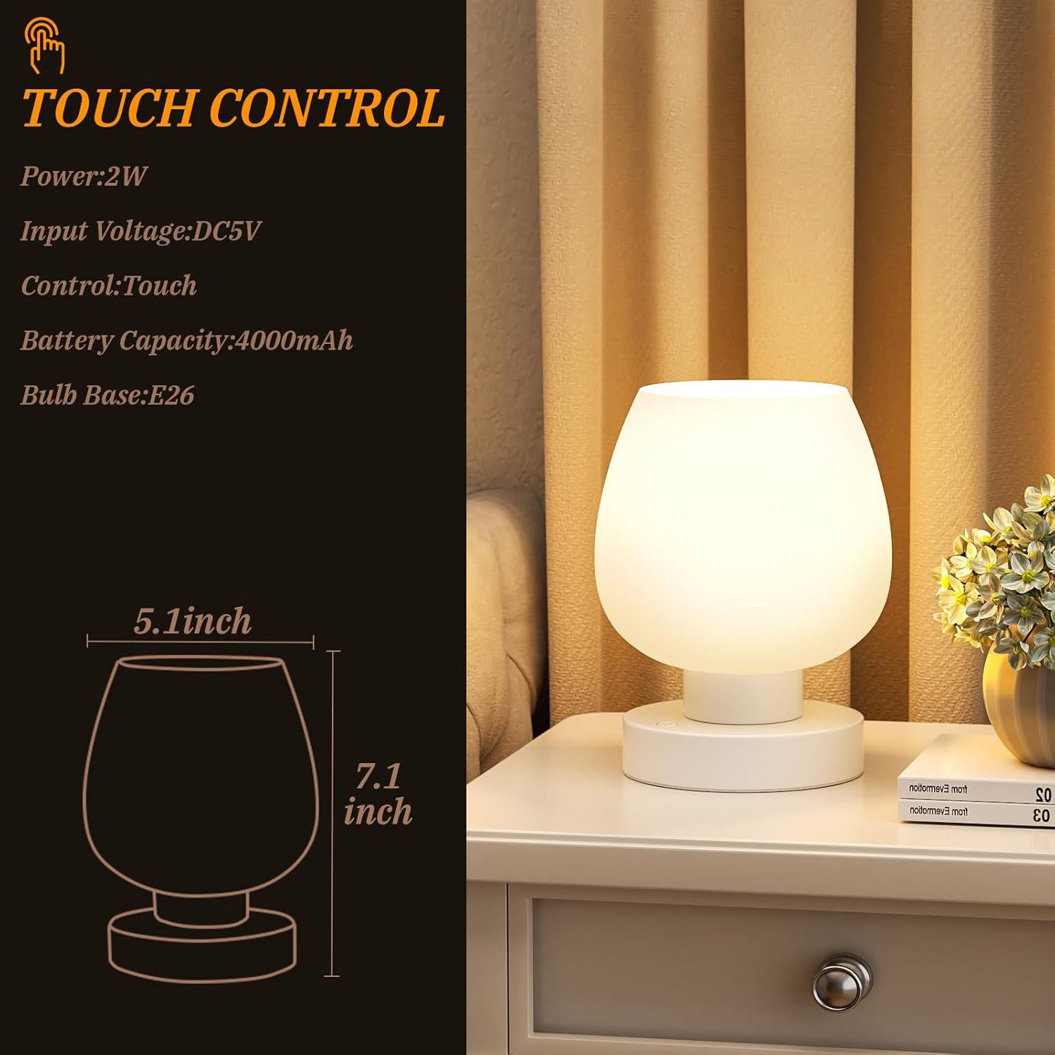 Seealle Cordless Touch Table Lamp for Nightstand - Small Bedside Lamp for Bedroom Night Stands, Desk Lamp with White Glass Shade for…