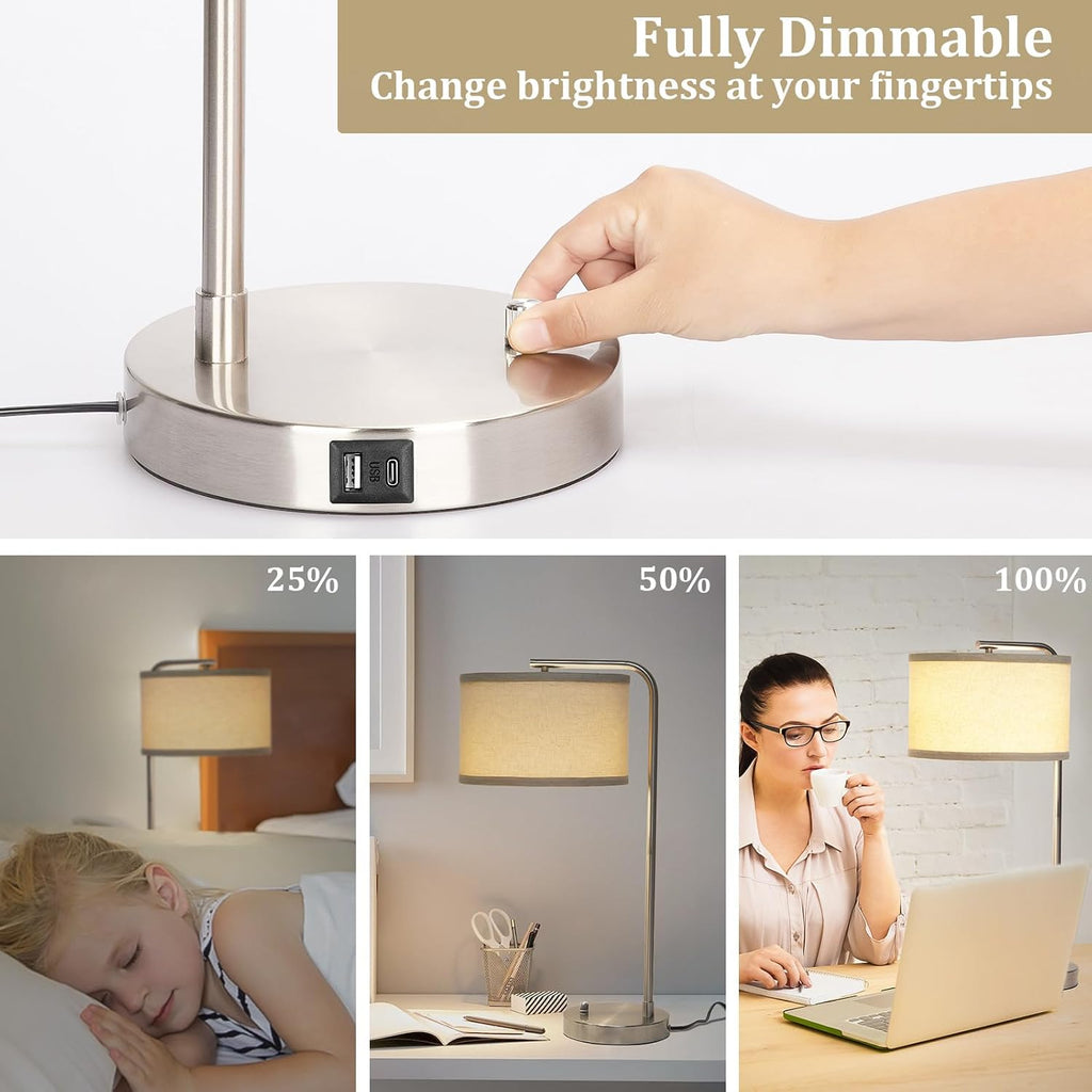 Table Lamp for Living Room, Modern Bedside Lamp with USB C+A Ports, Fully Dimmable Nightstand Lamp with Beige Drum Shade, Silver Finish…