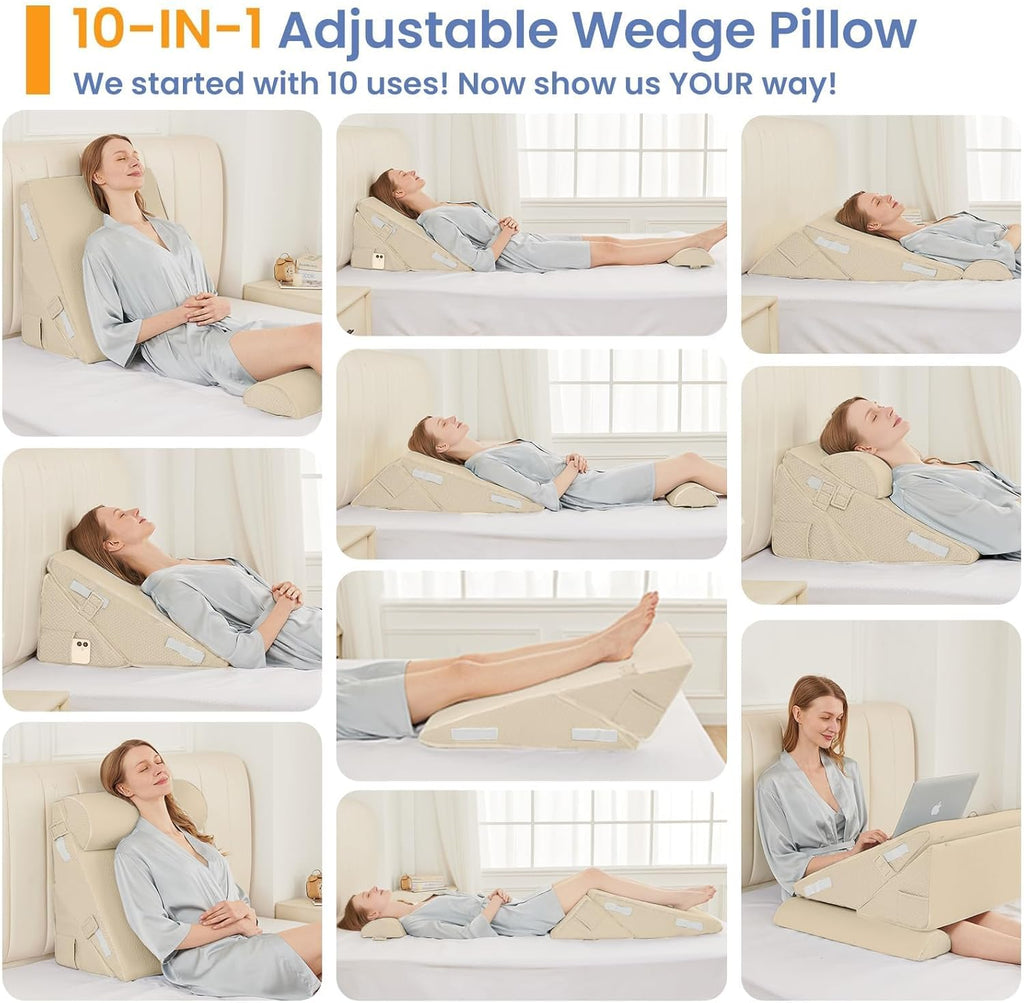 Sasttie Wedge Pillow Set for After Surgery, 2PCS Adjustable Bed Wedge Pillow Headboard with Memory Foam Neck Cushion – for Acid Reflux, Sle…