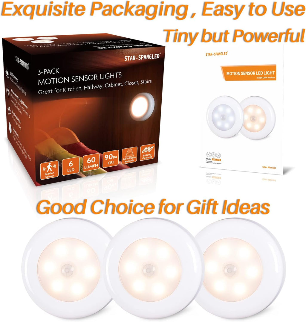 STAR-SPANGLED 3 Pack 2.8” Motion Sensor Lights Indoor AAA Battery Operated, Stick on LED Puck Light for Stairs, Under Cabinet, Closet…