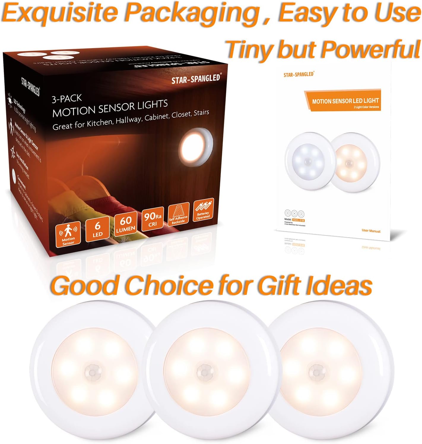 STAR-SPANGLED 3 Pack 2.8” Motion Sensor Lights Indoor AAA Battery Operated, Stick on LED Puck Light for Stairs, Under Cabinet, Closet…