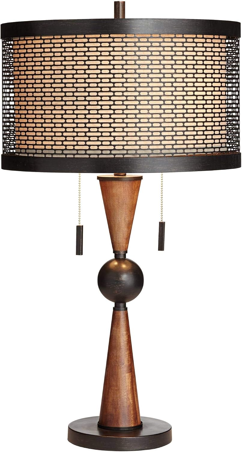 Franklin Iron Works Hunter Rustic Farmhouse Table Lamp 29 3/4" Tall Cherry Wood Bronze Metal Outer Tan Fabric Inner Drum Shade for…