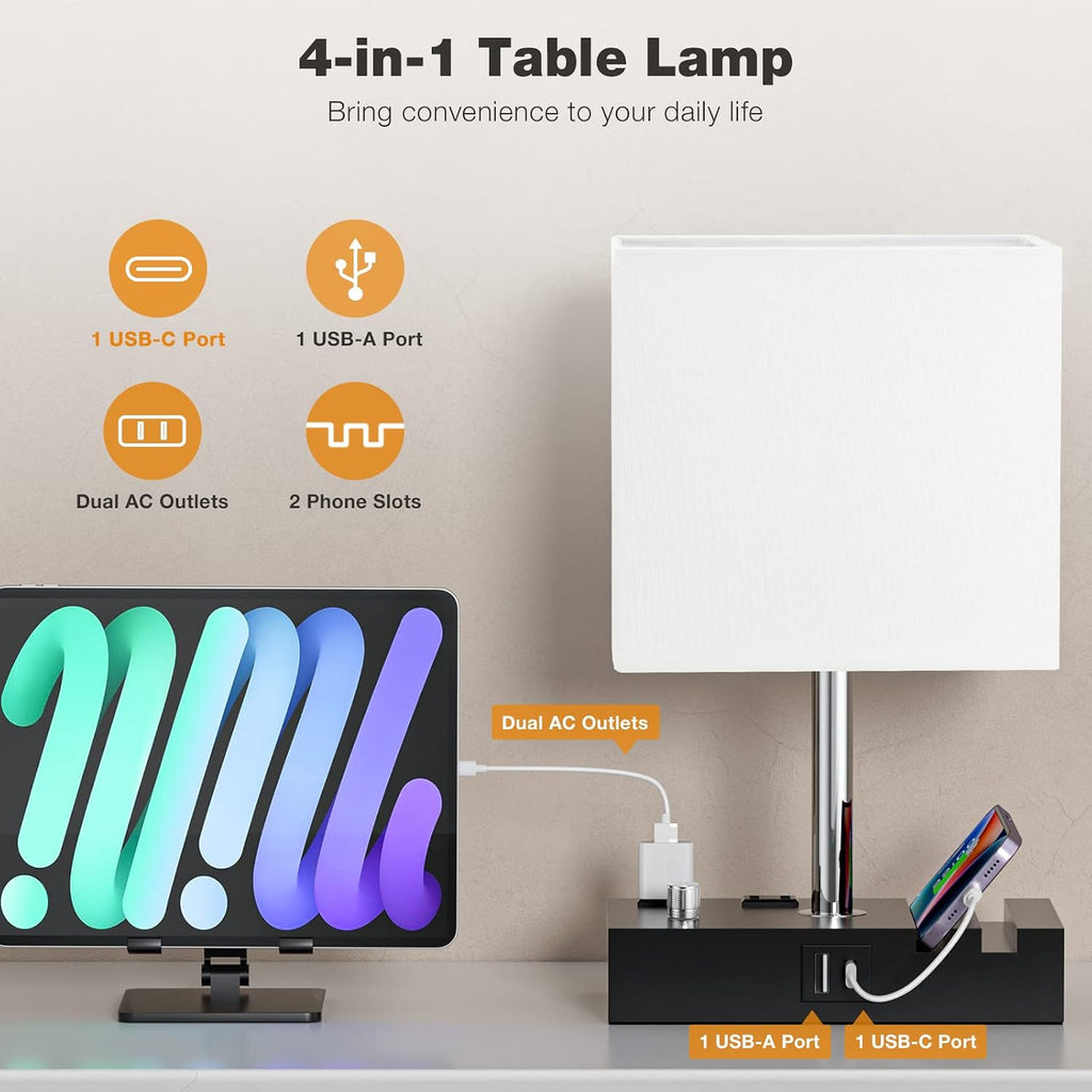 Fully Dimmable Bedside Lamps for Bedroom with USB C Ports, Kakanuo White USB Table Lamp Set of 2, Wooden Desk Lamp with 2 Charging…