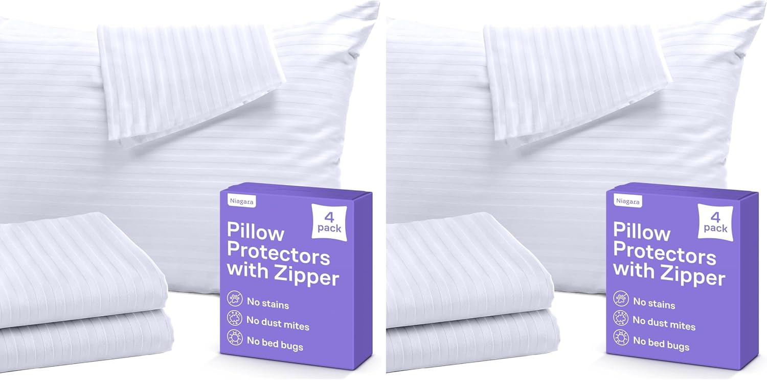 Set of 4 Pillow Protectors with Zipper Queen Size - 100% Resistant to Stains, Dust & Dirt - Washable Covers for Increased Pillow Lifespan…