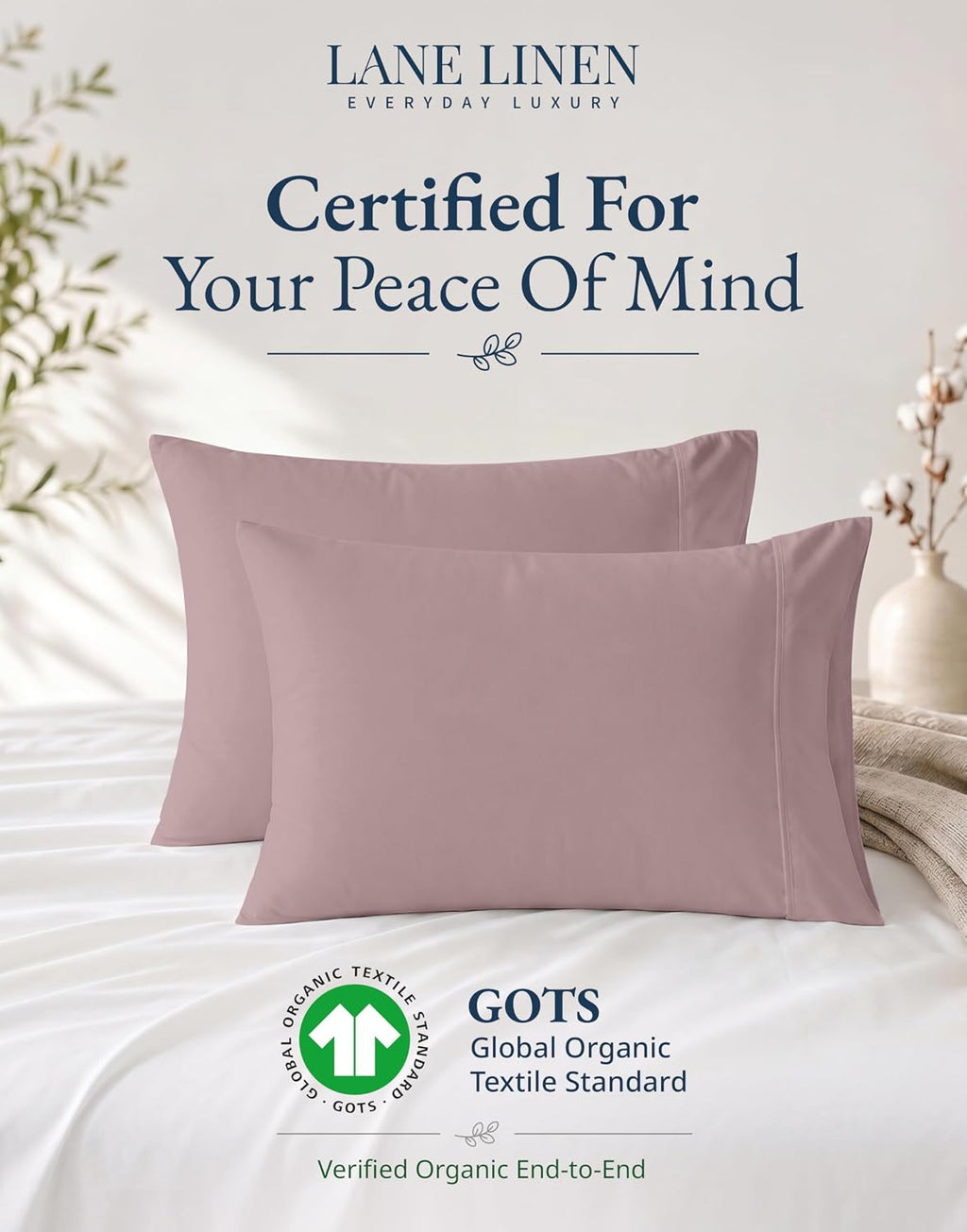 LaneLinen Lane Linen 100% Organic Cotton King Size Pillow Cases Set of 2 (20"x36") - Certified Organic Cotton Pillowcases - King Pillow Cas…