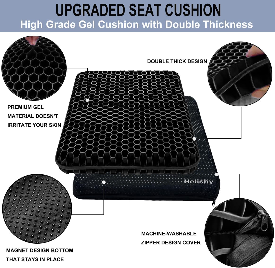 Helishy Gel Seat Cushion for Long Sitting Pressure Relief (Extra Large & Thick) - Non-Slip Gel Chair Cushion for Back, Sciatica, Tailbone - S…