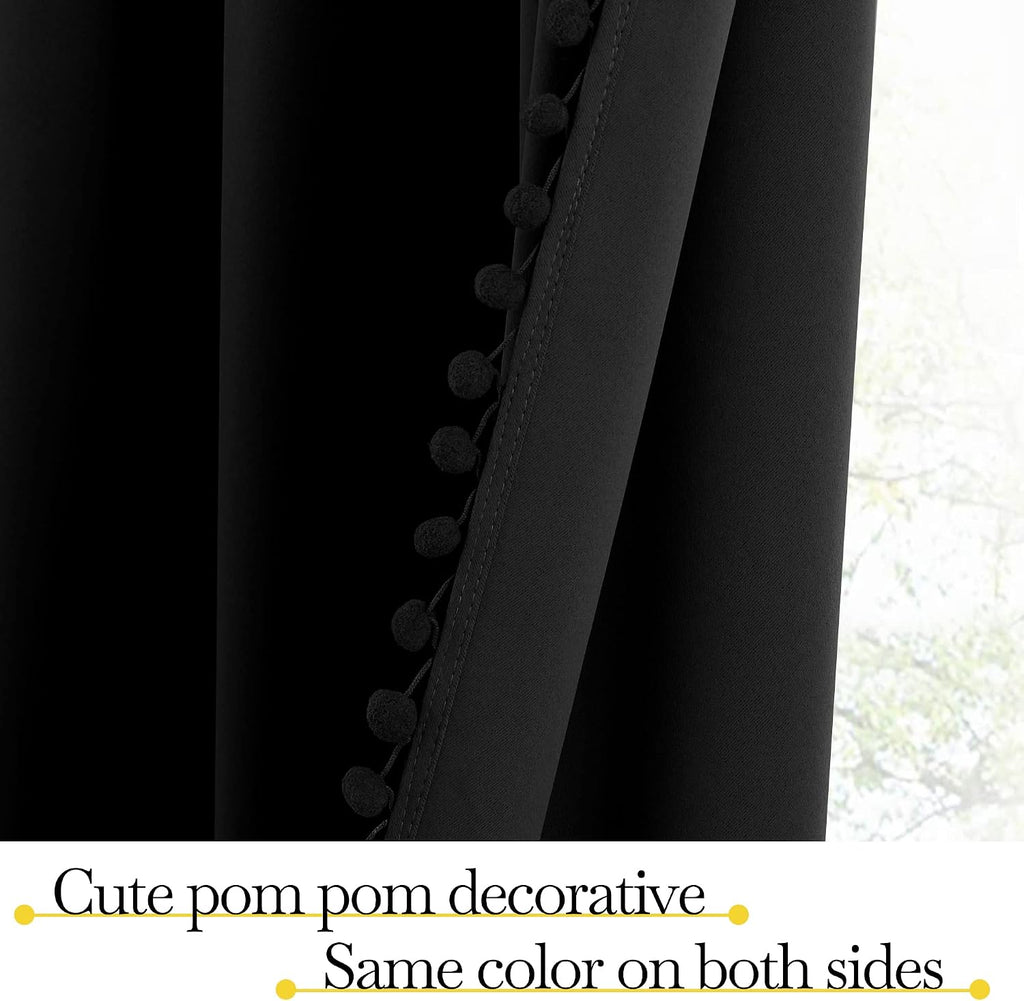 NICETOWN 2 Panels Blackout Curtains, Rod Pocket Pom Pom Curtains, Pretty Thermal Insulated Solid Farmhouse Drapes for Living Room, Patio…