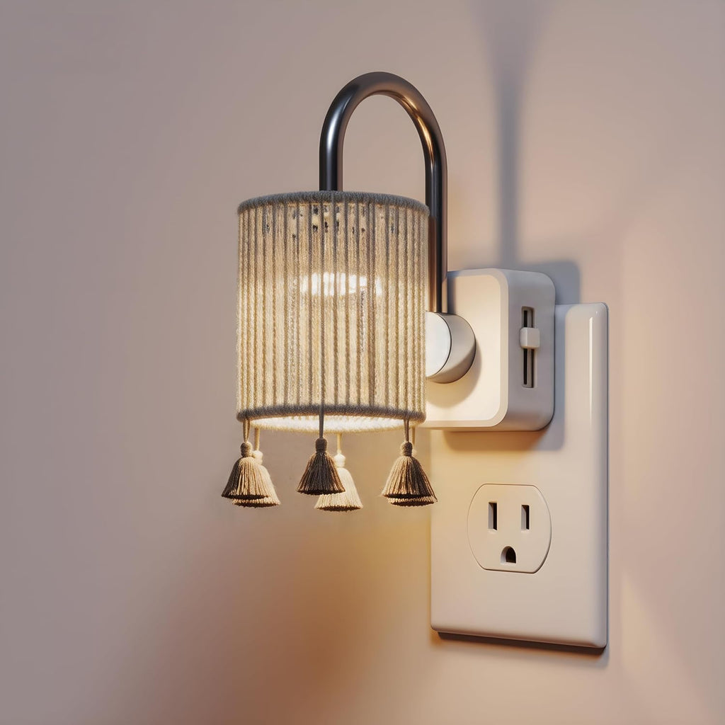 L LOHAS LED Night Lights Plug into Wall, Boho Fabric Cylinder Night Light with Tassel, 0-100LM Dimmable Night Lights, Dusk to Dawn…