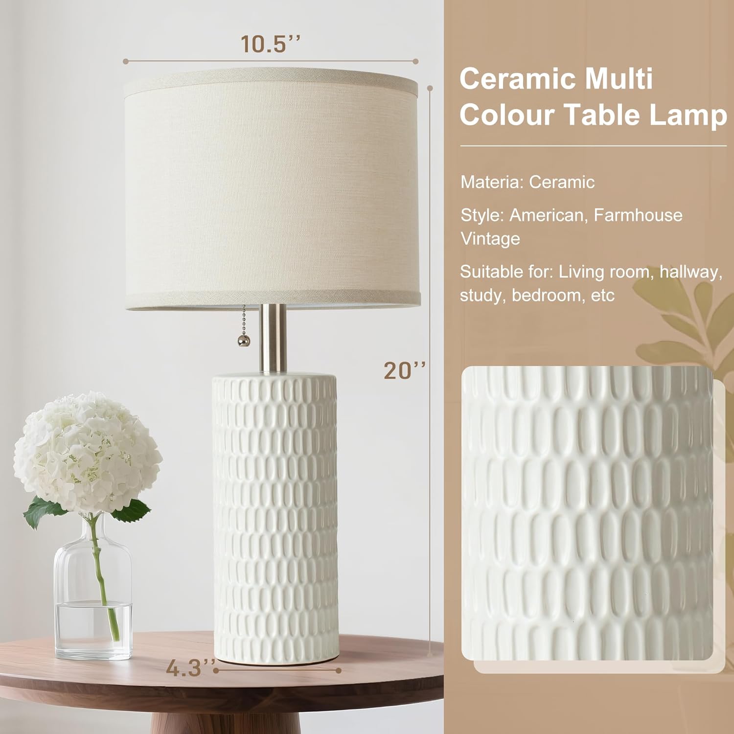 Reaketon 20.5" Modern Ceramic Table Lamps for Bedroom Set of 2, Bedside Lamps for Night Stands with Beige Lampshade, Farmhouse Table Lamp…