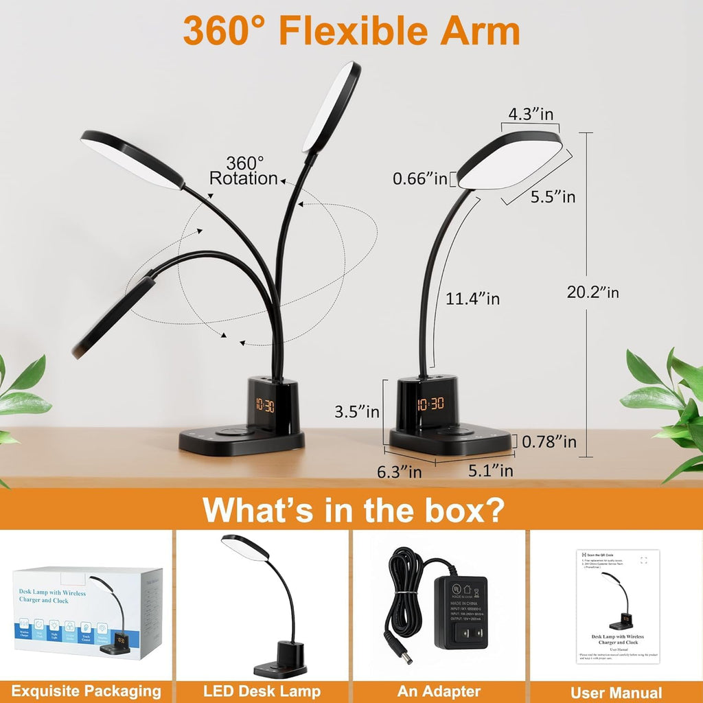 Desk Lamp, Bedside Table Lamps with Wireless Charger and Clock, 30Mins Auto-Off Night Light Lamp, 3 Color Modes Dimmable Touch 800LM CRI…