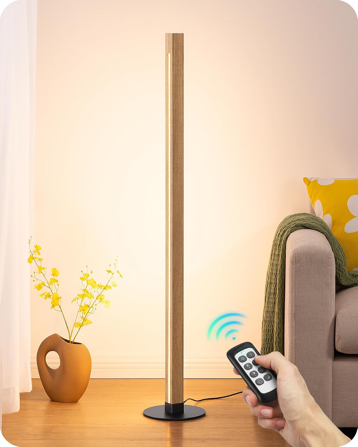 EDISHINE Corner Floor Lamp, Upgraded Dual-Sided Lighting, Wooden Floor Lamps for Living Room, Standing Lamp with Remote/Foot Control…