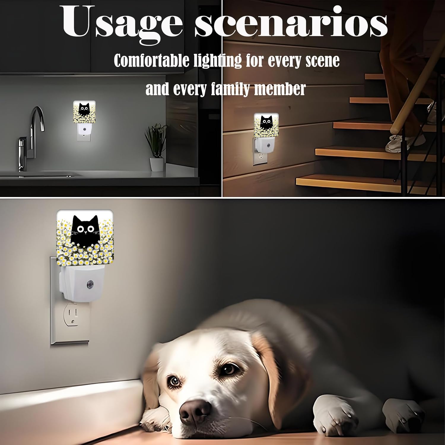 Cute Cat and Daisy Night Light, Plug Into Wall for Boys Girls Bedroom Decorative Square Night Light Lamp 0.5w Sleep Friendly