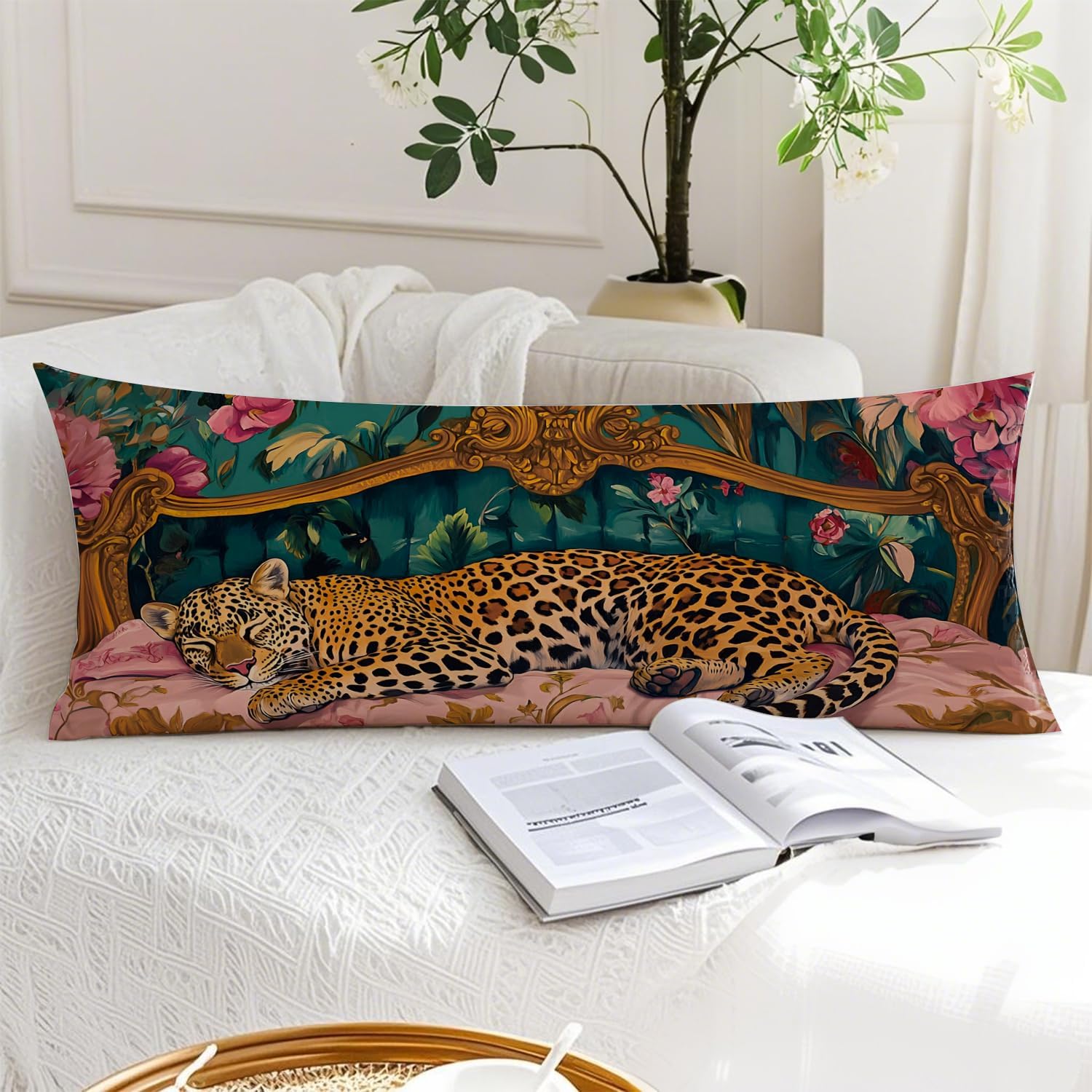 Vintage Leopard Floral 20x54 Body Pillow Cover, Cheetah Room Decor, Trendy Retro Sleepy Leopard Pink Flowers Decorative Long Body Pillow…