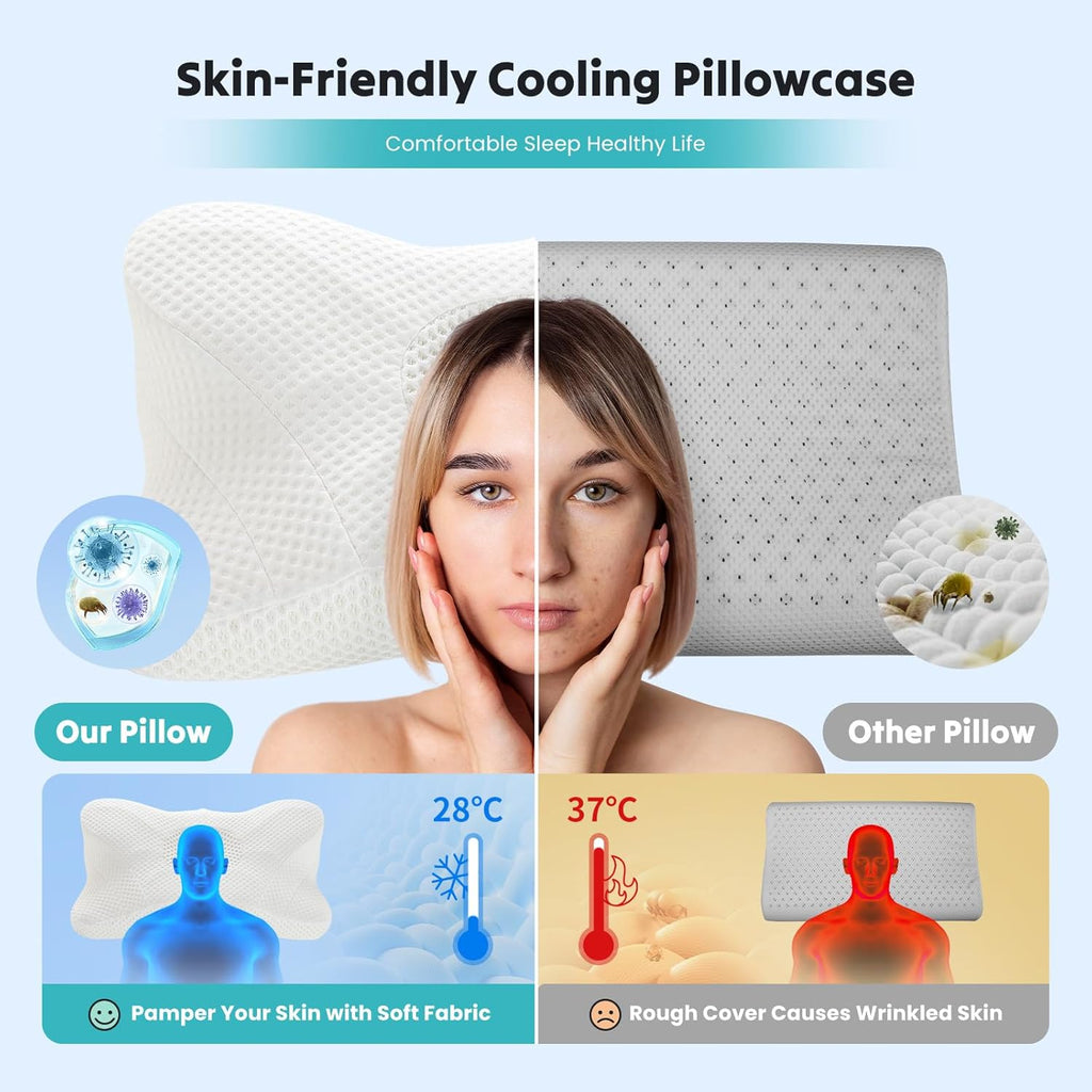 DumosLifestyle DUMOS Cervical Neck Pillow, Cooling Ergonomic Memory Foam Pillows for Neck with Breathable Pillowcase, Dual Height Orthopedi…