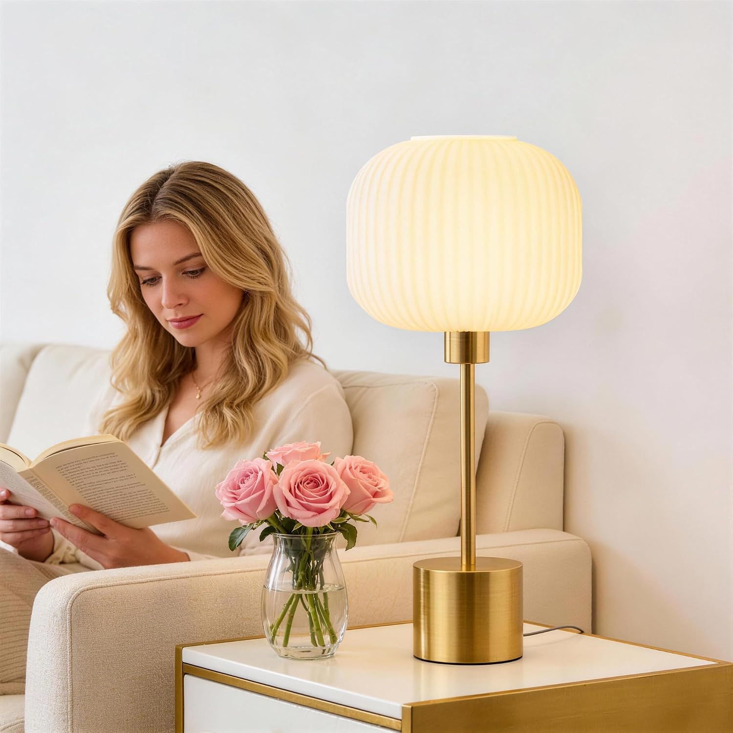 QiMH Glass Table Lamp for Living Room, Modern Bedside Lamp with Gream Ribbed Glass Shade, 3-Way Dimmable Touch Control Nightstand Lamp…