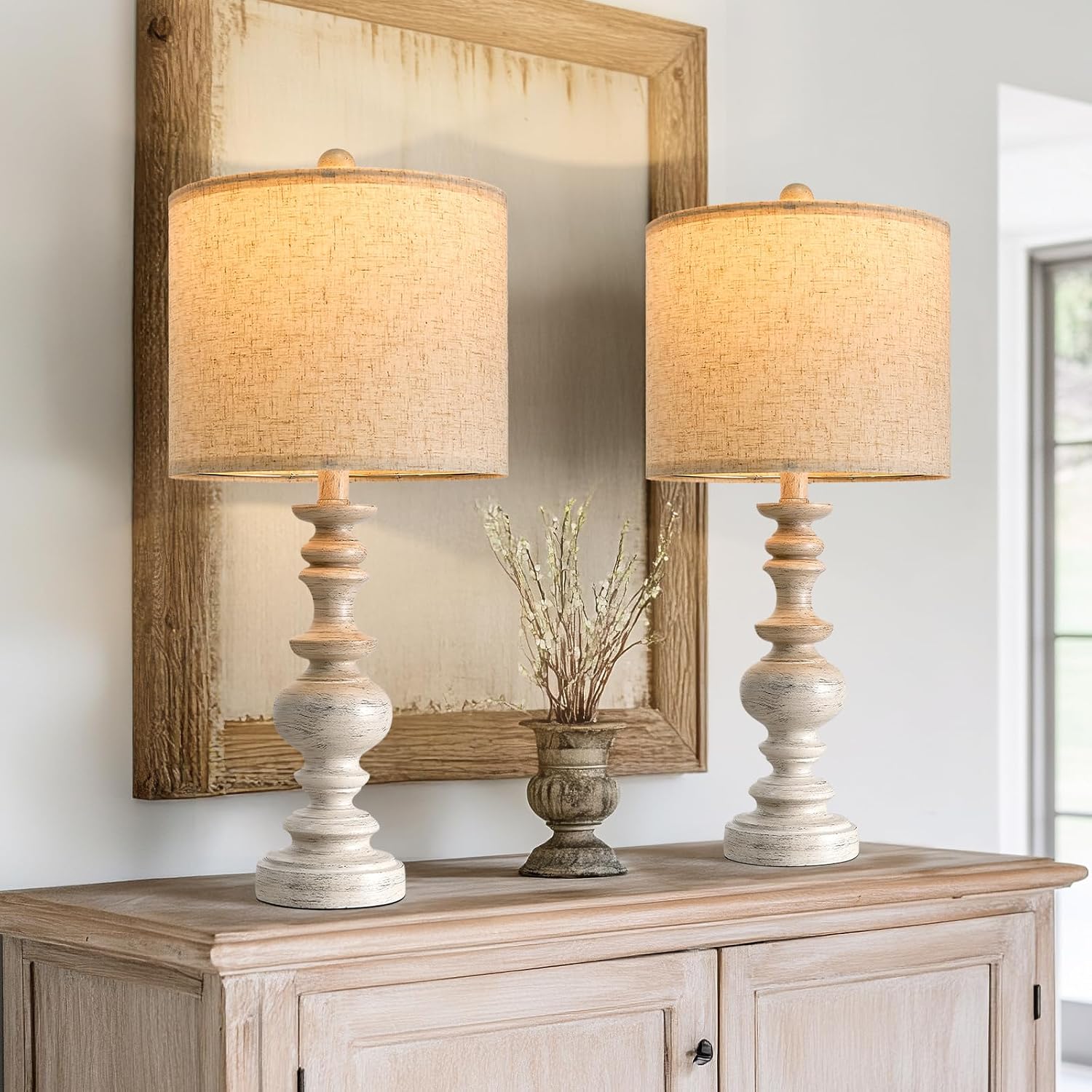 BOBOMOMO 24" Farmhouse Resin Table Lamp Set of 2, Vintage Lamps for Living Room Bedroom with Linen Shades, Traditional Rustic Bedside…