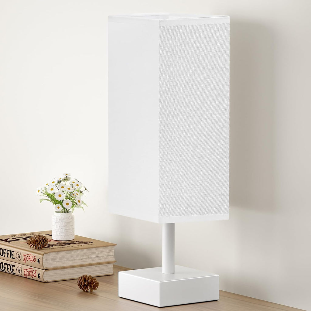 aooshine White Small Table Lamp - Bedside Lamp for Bedroom, Minimalist Nightstand Lamp with Square Fabric Shade, Desk Lamp for Kids Room…