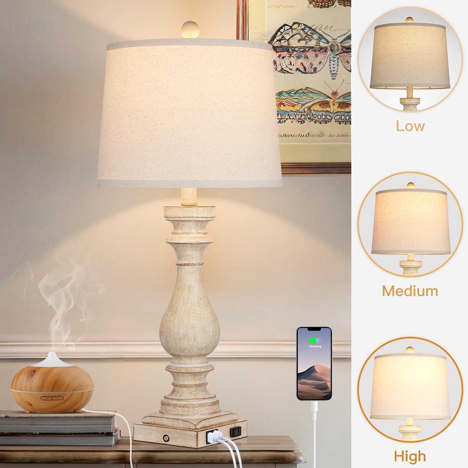 Cinkeda 29" Tall Table Lamp for Living Room Set of 2, Farmhouse Nightstand Bedside Lamps with USB C+A Ports & AC Outlet,3-Way Dimmable…